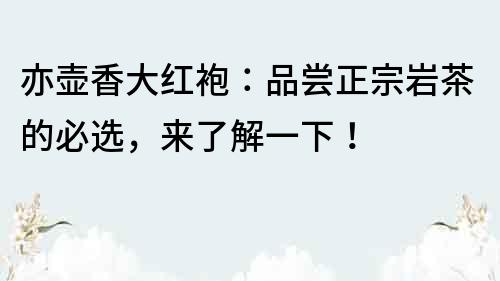 亦壺香大紅袍：品嘗正宗巖茶的必選，來了解一下！