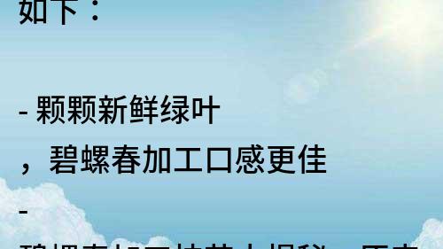 如下：

- 顆顆新鮮綠葉，碧螺春加工口感更佳
- 碧螺春加工技藝大揭秘，原來口感差別如此之大
- 淺談碧螺春加工口感，品味不一樣的茶道人生
- 碧螺春加工口感高超，如何保證每一杯都是好茶？
- 碧螺春加工口感的小秘密，讓你輕松品嘗到極致滋味